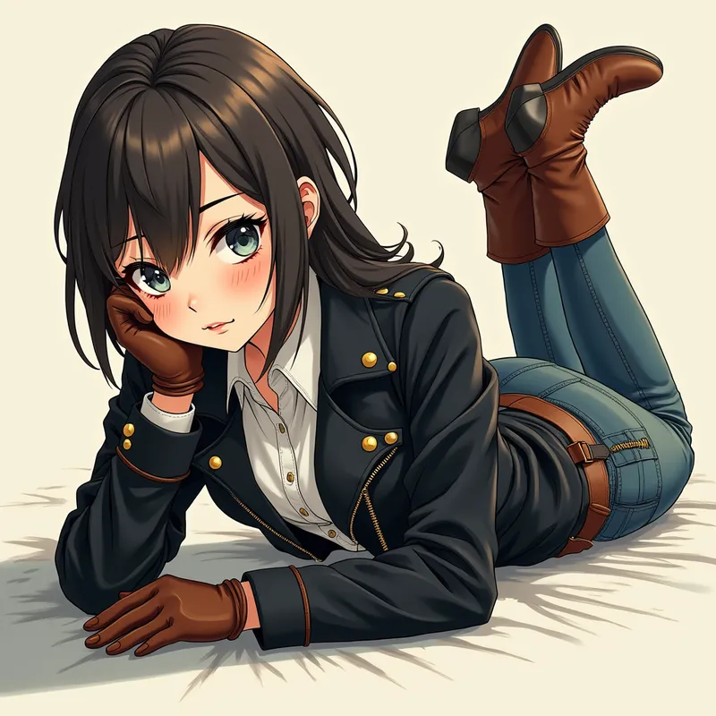 Relaxed Manga Rider - In a manga-inspired scene, a girl wearing a brilliant black leather jacket, sleek brown equestrian boots, brown leather gloves, and skinny jeans is lying face-down, boots gracefully crossed at the ankles, gazing toward the viewer with intensity. - AI image generated with Photorealistic 2