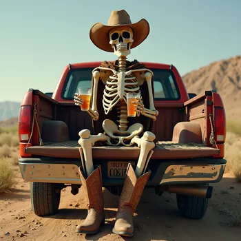 Relaxed Skeleton Cowboy in Pickup