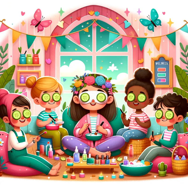 Relaxing Kids Spa - A delightful illustration of children enjoying a spa day with pampering treatments like manicures, facials, and cucumber eye masks, set in a colorful and whimsical spa environment. - AI image generated with Art