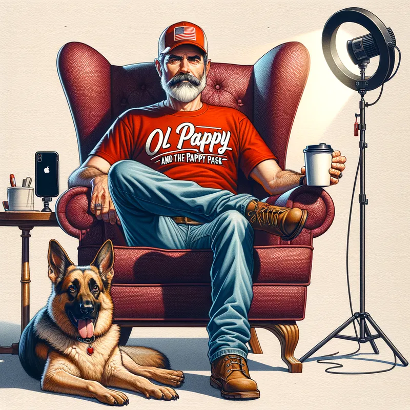 Relaxing with Pappy Joe - Detailed HD poster-style illustration in watercolor, rendered in 3D. Depicts a man sporting a five o'clock shadow, red baseball cap, and a bright red t-shirt with 'Ol Pappy Joe and the Pappy Pack' printed on it, accompanied by blue jeans. He is seated in a large maroon chair holding a coffee cup. On the coffee table in front of him, an iPhone on a tripod phone holder is lit by a bright light ring. A German Shepherd lies at his feet. Designed for art station trend releases with special attention to 'Ol Pappy Joe' typography. - AI image generated with Art