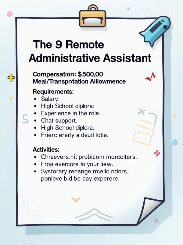 Remote Admin Assistant Job - Create an artwork for a job opening that contains the following information:

Remote Administrative Assistant

Compensation:
Salary $1,500.00
Meal/Transportation Allowance

Requirements:
High School diploma;
Experience in the role.

Activities:
Chat support. - AI image generated with Photorealistic 2