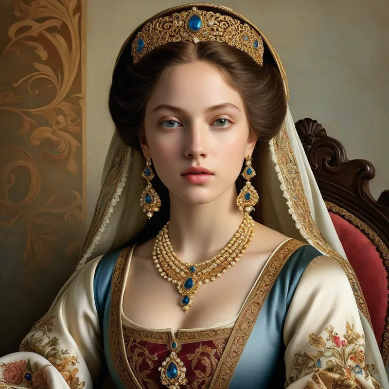 Renaissance Resurgence - Depict a beautiful photorealistic woman in a scene inspired by Renaissance paintings, with sumptuous fabrics, intricate jewelry, and a serene expression. - AI image generated with Photorealistic