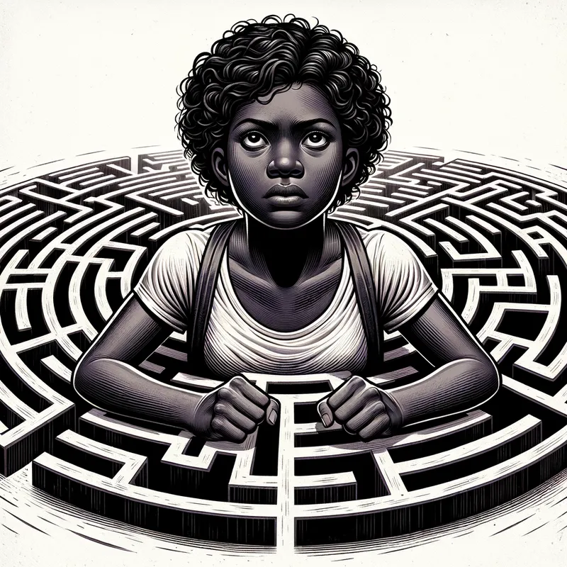 Resilient Spirit - An immigrant, shoulders squared, navigates a labyrinth of physical and social challenges, their determined gaze conveying an unwavering spirit. - AI image generated with Art