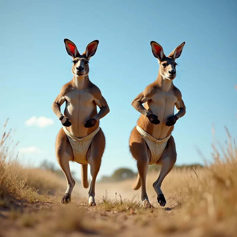 Restless Kangaroo Duo - Two muscular kangaroos wearing thick diapers are seen hopping energetically in an open field under a bright blue sky. - AI image generated with Photorealistic 2