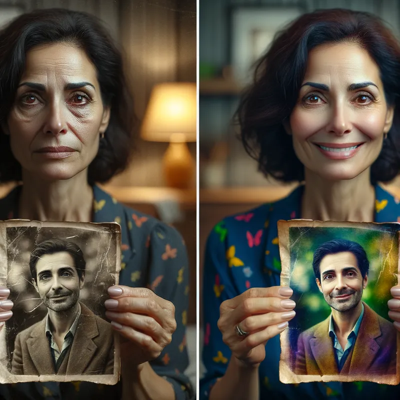 Restored Father Photo: Grief to Joy - A middle-aged woman displayed on a diptych: on the left she's sad and holding an old blurred wrinkled photograph of her late father, on the right she's smiling and holding the restored version of the photograph - colorful and looking like new. - AI image generated with Art