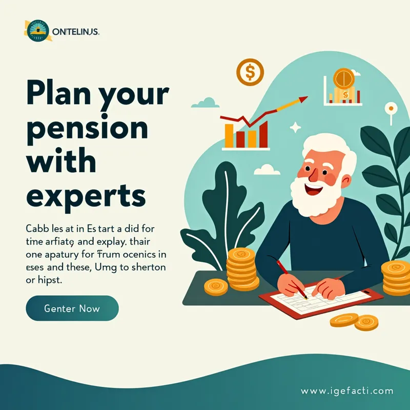 Retirement Planning with IMSS - "Design a professional and attractive image about IMSS pensions. Include elements such as a happy senior planning their retirement, financial growth charts, and symbols related to IMSS (without using official logos). Use warm and trustworthy tones like blue and green, with a minimalist and modern style. The main text should say: 'Plan your pension with experts'. Add a space to include contact information." - AI image generated with Photorealistic 2