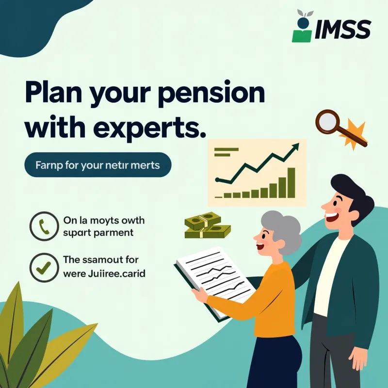 Retirement Planning with IMSS - "Design a professional and attractive image about IMSS pensions. Include elements such as a happy senior planning their retirement, financial growth charts, and symbols related to IMSS (without using official logos). Use warm and trustworthy tones like blue and green, with a minimalist and modern style. The main text should say: 'Plan your pension with experts'. Add a space to include contact information." - AI image generated with Photorealistic 2