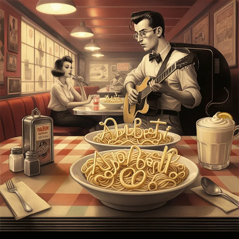 Retro Alphabetti Diner - A 1950s-style diner with a jukebox playing, where customers are served Alphabetti Spaghetti in vintage bowls, the letters forming names and phrases reminiscent of the era. - AI image generated with Imagen 3 - pencil drawing