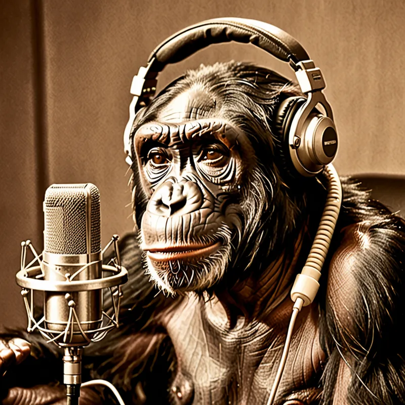 Retro Chimp in Studio - A sepia-toned image of a chimpanzee at a vintage recording studio microphone, sporting classic silver headphones, gazing thoughtfully as if recording a podcast or radio show, with retro audio equipment visible. - AI image generated with Fictional