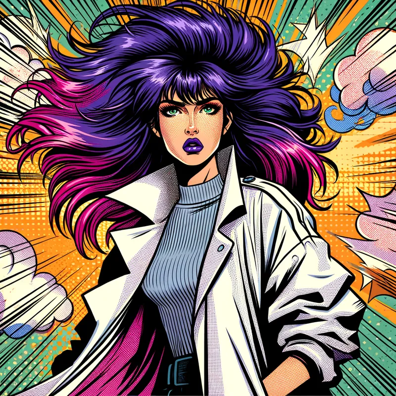Retro Comic Chic - a cartoon drawing of a woman with purple hair and a white jacket, a comic book panel by Patrick Brown, featured on pinterest, pop art, 1 9 9 0 s comic book style, jamie mckelvie comic art, 9 0 - s fashion - AI image generated with Art