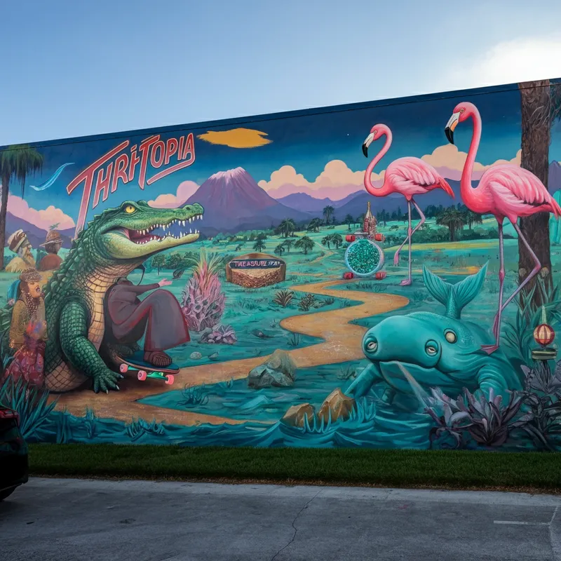 Retro Fantasy Mural with Thriftopia - A large outdoor mural featuring a surreal landscape in retro fashion. Include a gator, flamingo, mermaid, and manatee strutting in retro fashion. Add a Seminole on a skateboard, a winding treasure trail leading to a glowing Thriftopia sign, and a designated selfie spot. - AI image generated with Imagen 3