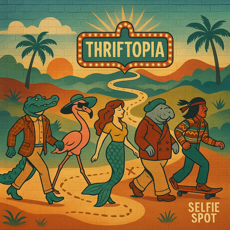 Retro Fantasy Mural with Thriftopia - A large outdoor mural featuring a surreal landscape in retro fashion. Include a gator, flamingo, mermaid, and manatee strutting in retro fashion. Add a Seminole on a skateboard, a winding treasure trail leading to a glowing Thriftopia sign, and a designated selfie spot. - AI image generated with GPT Image