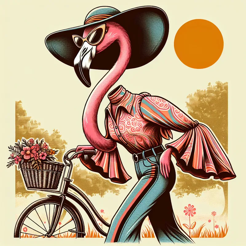 Retro Flamingo Rider - A stylish flamingo dressed in 70s-inspired vintage attire, confidently riding a bike and sporting bold cat-eye sunglasses. - AI image generated with DALL-E 3
