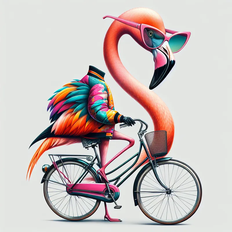 Retro Flamingo on Bike - create a flamingo without a background, wearing retro clothing, cat eye sunglasses riding a bike  - AI image generated with DALL-E 3 - vivid colors, photorealistic, abstract