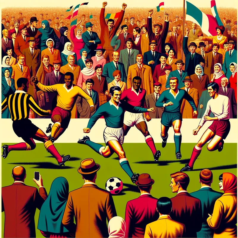 Retro Football Frenzy - A vintage-style poster showing a 1960s football match in vibrant, exaggerated colors, with players sporting old-fashioned kits performing acrobatic kicks, and the crowd cheering wildly in the packed stadium. - AI image generated with Art