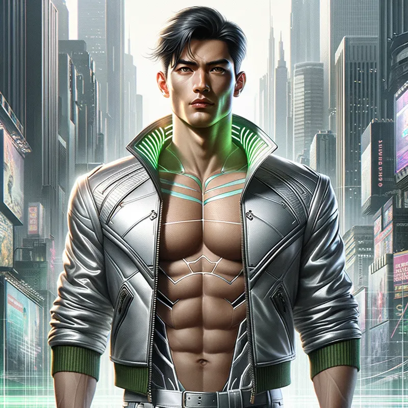 Retro Futuristic Hero - Illustration of an 18-year-old muscular hunk named Collin Nguyen, of Vietnamese American descent, sporting jet black hair. He is wearing a retro futuristic silver jacket with green trim and silver pants. The background features a bustling city as he showcases his assessment abilities. The artwork is in the style of Alex Ross. - AI image generated with Art