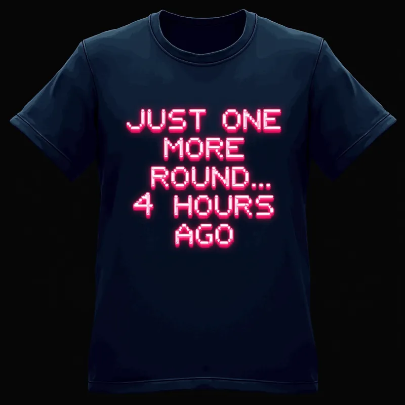 Retro Gaming Sarcasm Shirt - This dark T-shirt mockup showcases neon glitch typography with the phrase 'Just one more round… 4 hours ago.' The design is pixelated and retro-inspired, perfect for gamers with a sense of irony. - AI image generated with Flux