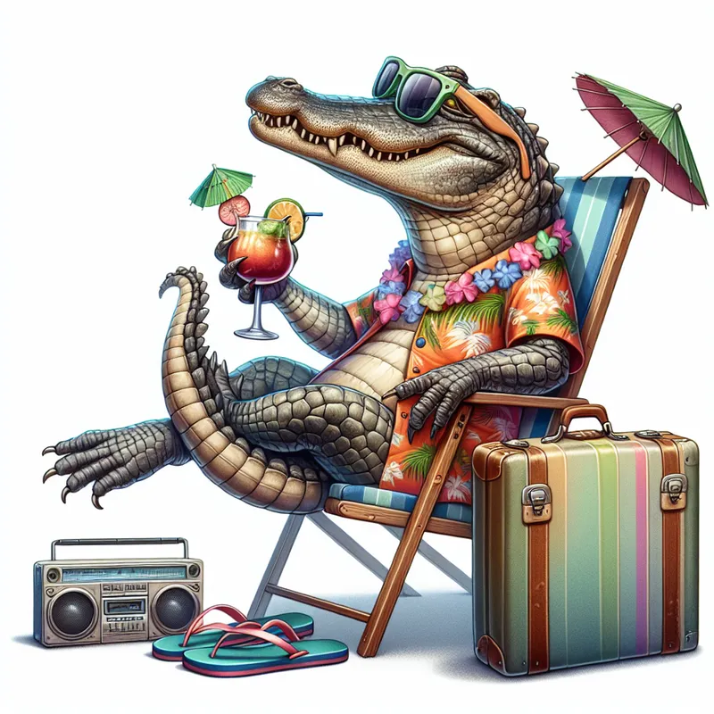 Retro Gator Holiday - A fun-loving alligator is on a beach vacation, shown without a background. It is seated in a beach chair, clad in a Hawaiian shirt, flip flops, and oversized glasses while holding a cocktail glass with a paper umbrella. There is vintage luggage and a boombox next to it. - AI image generated with DALL-E 3