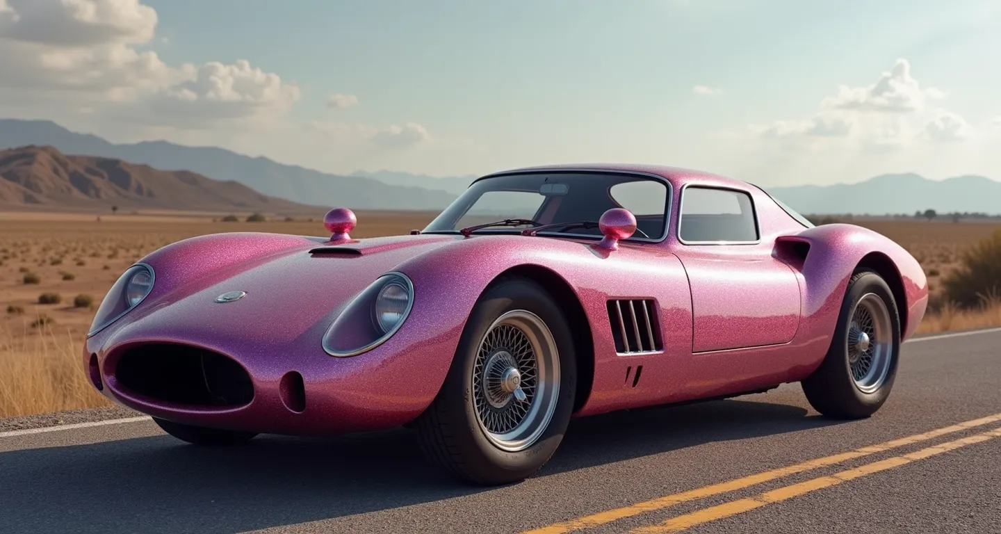 Retro Pink Sparkle Roadster - Ultra modern matte sparkly pink round edges retro sports car on the ancient
road of Asgar - AI image generated with Flux
