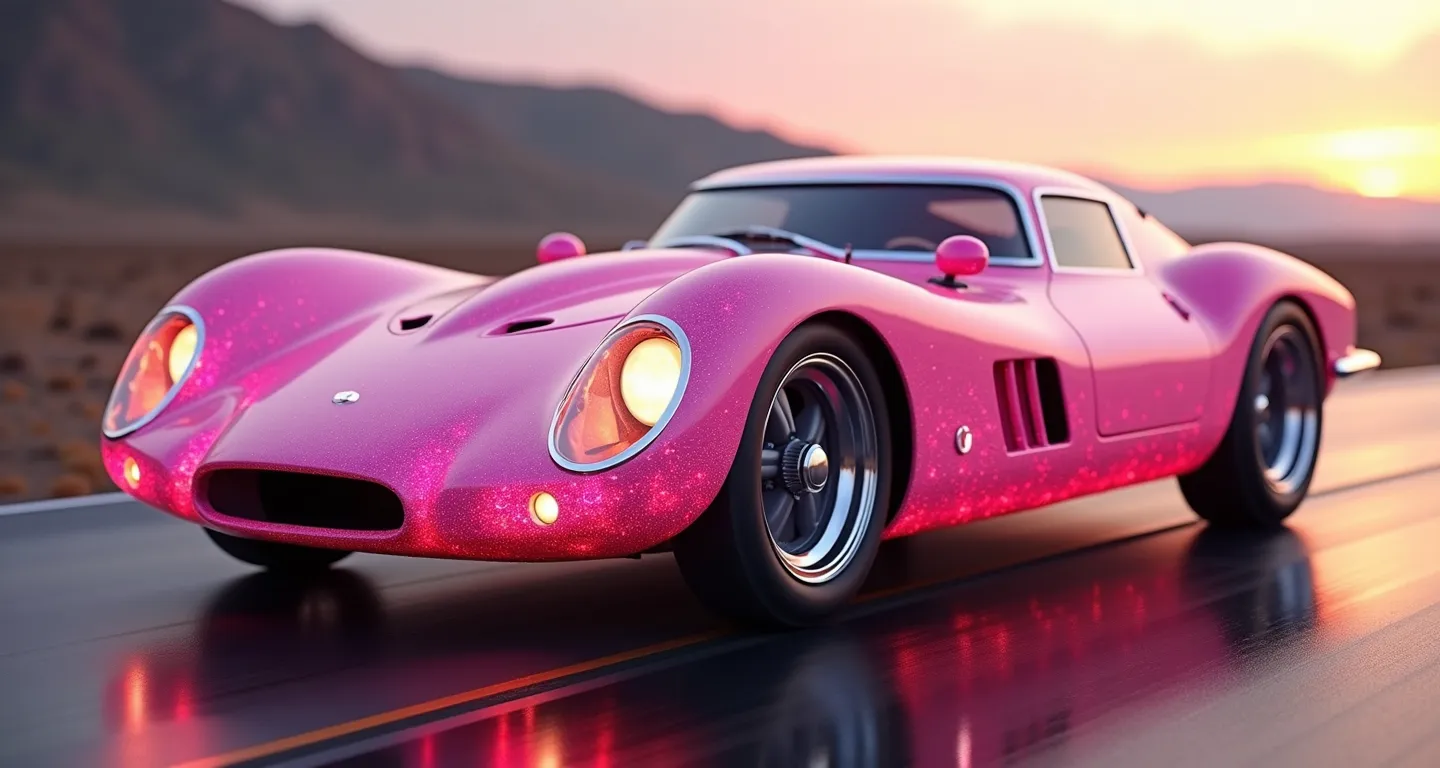 Retro Pink Sparkle Roadster - Ultra modern matte sparkly pink round edges retro sports car on the ancient
road of Asgar - AI image generated with Flux
