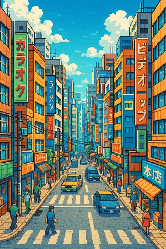 Retro Pixel Art Cityscape - A vibrant cityscape rendered in pixel art style, with a retro, two-dimensional anime feel, showcasing finely detailed buildings and bustling streets. - AI image generated with GPT Image