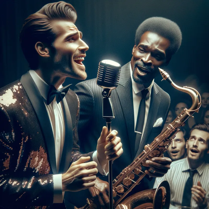Retro Rhythm Revels - An image that captures the essence of a vintage concert, featuring the charismatic singer Glen Garret and his band, as they entertain the audience with their soulful and energetic musical performance. - AI image generated with Art