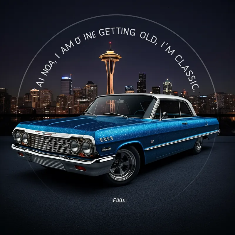 Retro Seattle Drive - A realistic scene with a glittering blue 1963 SS Chevy Impala. The city of Seattle and the Space Needle appear shadowy in the background. The circular text reads 'Chale, I am not getting old, I'm classic, FOO.' - AI image generated with Imagen 3