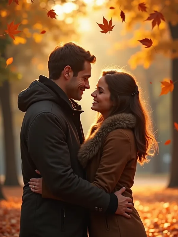 Reunited Love - An emotional scene of Christine and Christopher meeting again after many years. Their faces light up with recognition and rekindled love, set against a backdrop of a serene park in autumn. They embrace, surrounded by falling leaves, symbolizing a new season in their love story. - AI image generated with Photorealistic 2 - photorealistic
