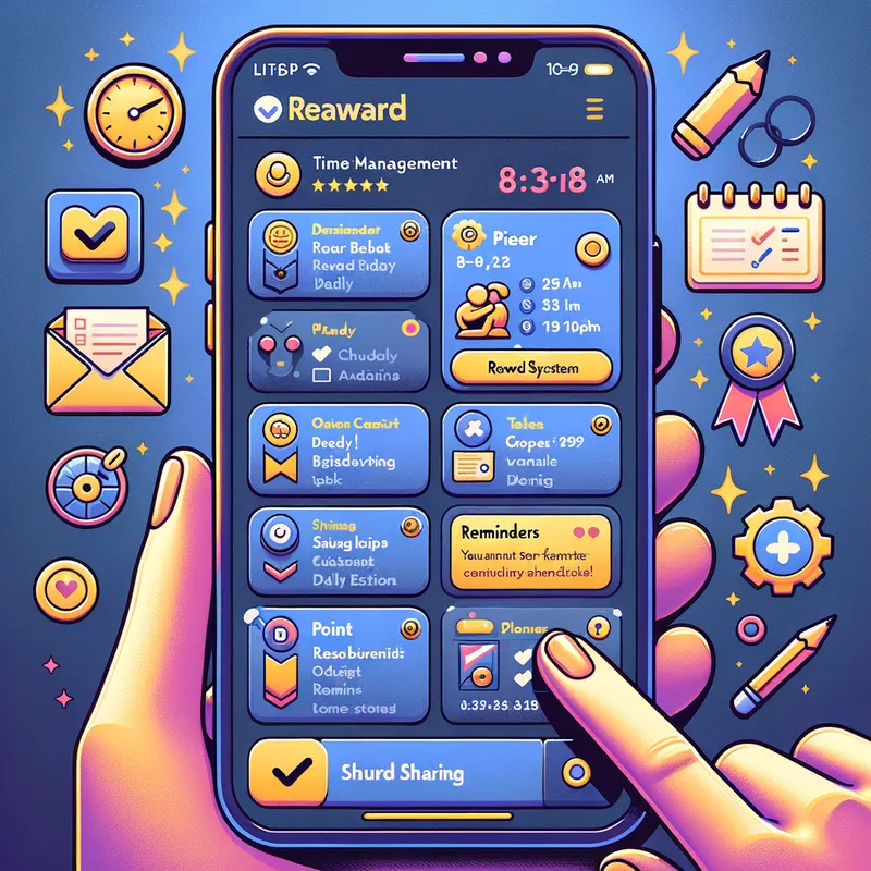 Rewards & Reminders - A vibrant illustration of a time management app for college students that highlights its reward system and reminders. The app's main interface displays a daily and weekly schedule, with notifications about upcoming deadlines. Each completed task shows a reward icon, indicating points or badges earned. Study sessions are mapped out in the planner, with clear priorities marked for tasks. There is also a feature for sharing resources, visible on the screen, encouraging peer interaction. - AI image generated with Art