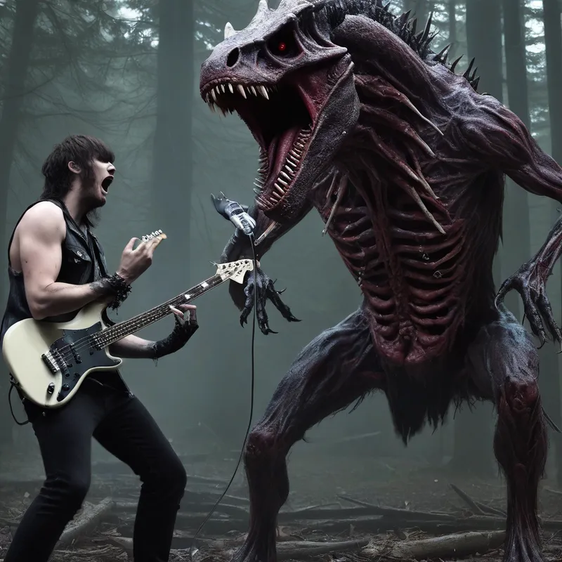 Rexy vs The Wendigo: Clash of Genres - rexy vs the wendigo with Country, rock, EDM, Metal, male voice, female voice, guitar, bass, drums, electric guitar, banjo - AI image generated with Photorealistic