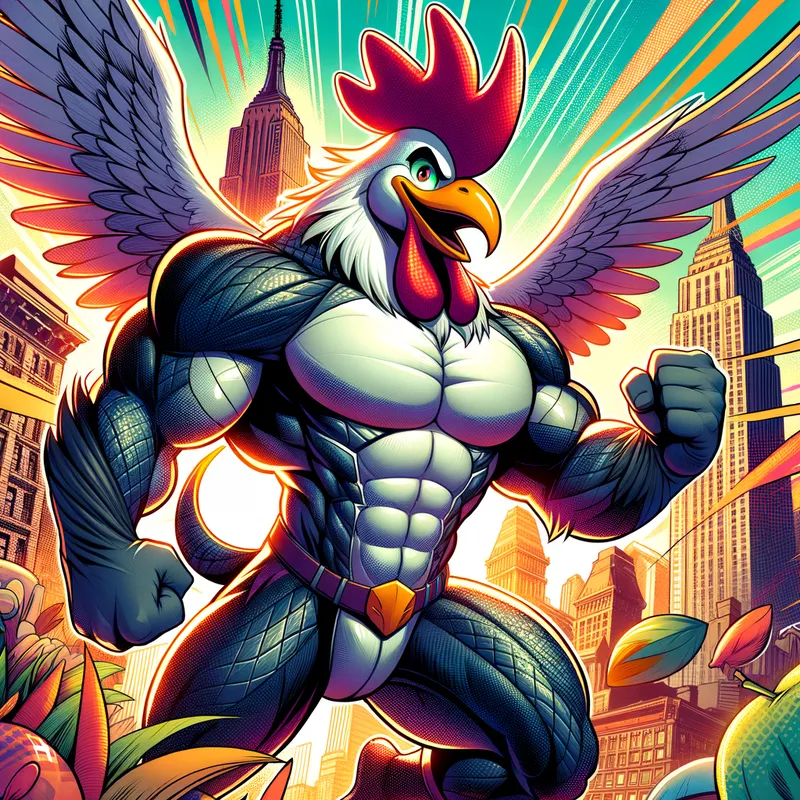 Rhino Chicken Adventures - A vibrant comic book cover featuring an anthropomorphic rhino-chicken hybrid hero. The character has the sturdy body of a rhino with bold, sharp features, and the feathered wings and head of a chicken. Set against a dynamic cityscape background with towering buildings, the scene includes action elements like swooshing lines and explosive bursts of color, capturing the excitement and energy of the comic book genre. - AI image generated with Art