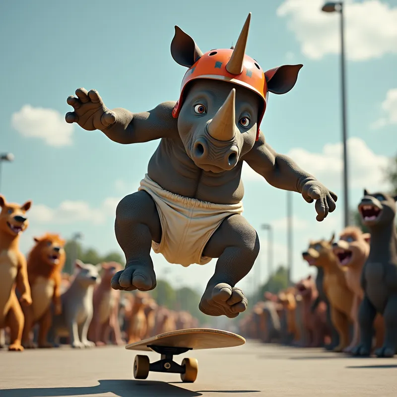 Rhino Stunt Show - Close-up of a muscular rhino in a vibrant helmet and snug diaper mid-air performing a kickflip on a skateboard, with an audience of excited animals watching. - AI image generated with Photorealistic 2