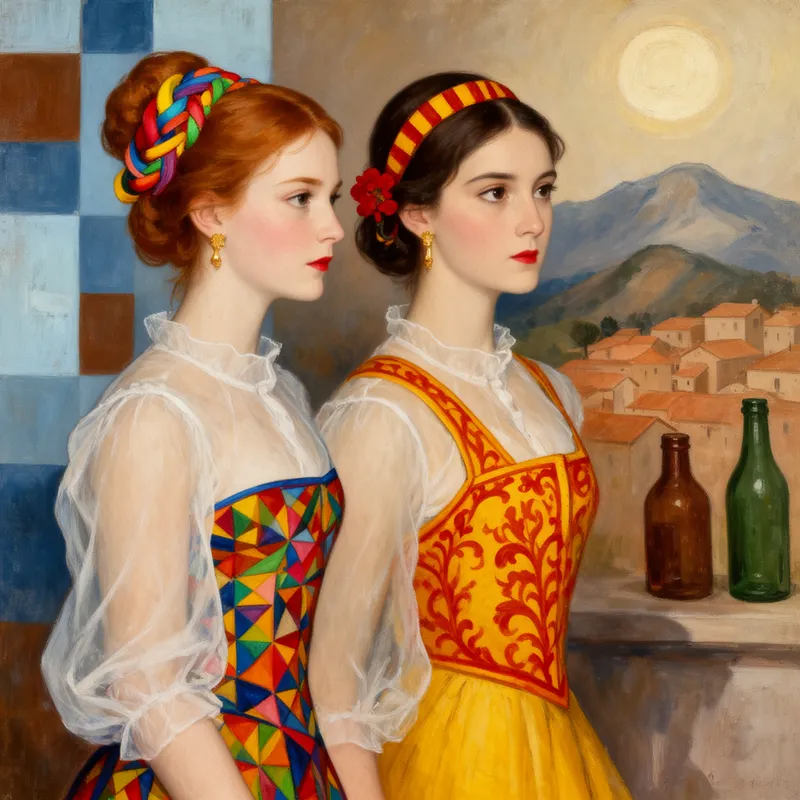 Ribboned Portraits at Dusk - A stylized half-length painting of two women standing side by side, turned slightly away from the viewer while looking to the right with serious, contemplative expressions. The left woman has reddish-brown hair in an elaborate bun woven with rainbow-colored ribbons, wearing a sheer white blouse with puffy sleeves and a vivid geometric-patterned bodice. The right woman has dark brown hair with a red and yellow striped headband and a small red flower, wearing a sheer white blouse beneath a yellow and orange-red embroidered vest over a yellow skirt. Both have pale skin, flushed cheeks, red lips, and delicate gold earrings. Behind them, an abstract composition blends muted blue, brown, and light blue geometric forms on the left, and on the right a glowing circular light above abstract mountains and a terracotta-roofed village, with a brown bottle and green bottle resting on a ledge. Rich brushstroke texture, warm inviting light, painterly and expressive. - AI image generated with Flux 2 - Matisse, close-up