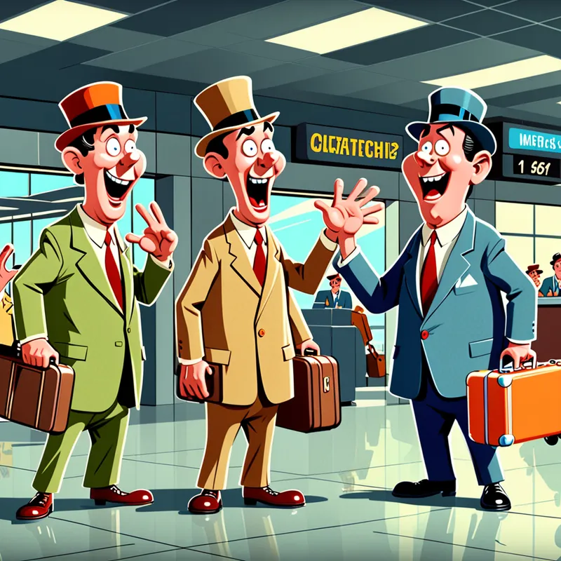 Ridiculous Suitcase Mix-Up - A cartoon crossover scene in a retro slapstick style showing three mischievous stooge-like characters and two idiotic but lovable friends arguing over a mysterious suitcase at an airport terminal, exaggerated gestures, physical comedy, elastic character animation, polished comedic background details, bright cinematic cartoon look - AI image generated with Fictional