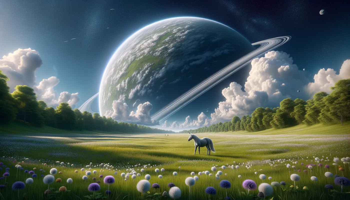 Ring World Panorama - Take the ring world from Lary niven out of the "known space" book serial. There are many pictures too find in the web. On this ark, I like to take a view vrom the inner rim of the arc, with dramatic clouds in the blue sky, with green grass in the front, some smal wihit and purple bluds snd in the distanc one grey uniccorn in front of an dark green forest. - AI image generated with Art - hyper realistic