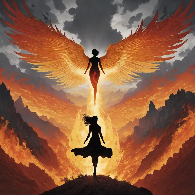 Rise of the Silver-Winged Phoenix - a silhouette of a woman with silver wings, rising up from the ground. A flaming phoenix flying over her - AI image generated with Fictional