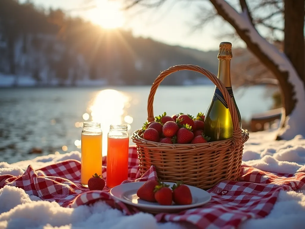 River BBQ Picnic Bliss - winter sunny afternoon barbeque on the river side with picnic blanket basket champagne strawberries juices  - AI image generated with Photorealistic 2