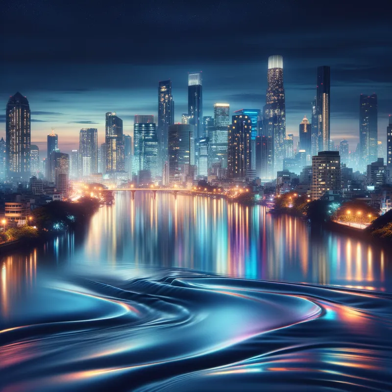 River City Glow -  river and city with a glow - AI image generated with Art