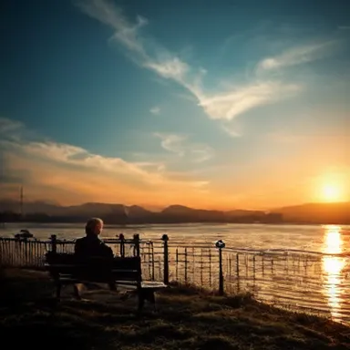 Riverside Yearning - A peaceful riverside setting bathed in the warm hues of a sunset, featuring a solitary individual sitting on a bench, looking out over the water with a sense of longing, waiting for their beloved. - highlights: Nikon D700, Nikkor 50mm 1.8, copper relief, grain effect