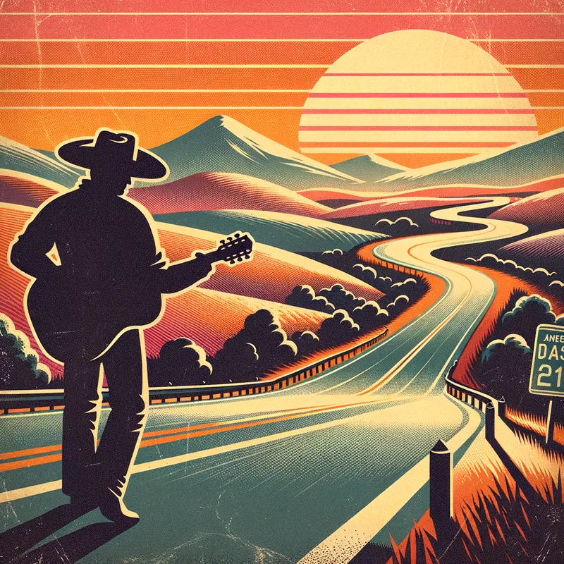 Roadside Blues - A vintage cover for a blues rock song featuring a winding American highway at sunset, with a lone guitarist playing by the side of the road, the vast landscape stretching endlessly behind them. - AI image generated with Art
