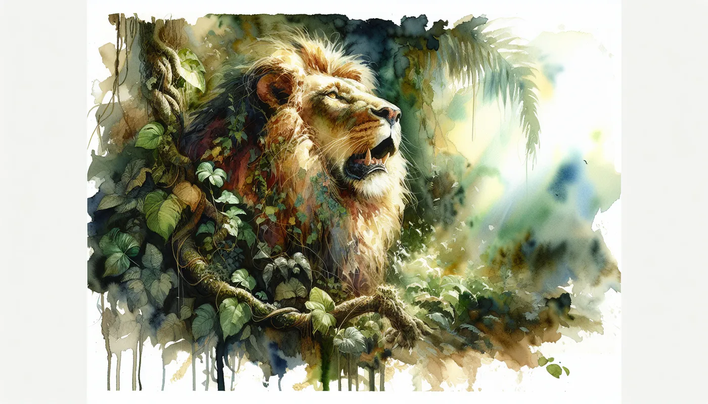 Roaring Glory - A lion roaring proudly in the dense jungle, with vines and tropical plants wrapping around its powerful body, showcasing its golden mane glistening in the dappled sunlight. - AI image generated with Art - aquarelle, J.M.W. Turner