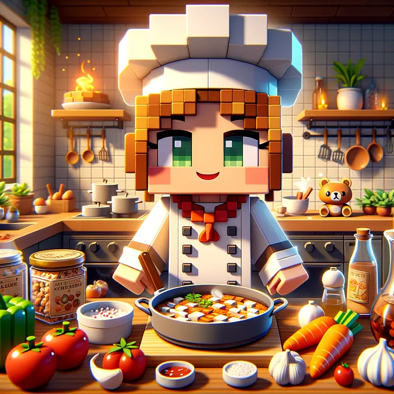 Roblox Chef - A Roblox character dressed as a chef, standing in a kitchen, cooking a delicious meal with various ingredients spread around. - AI image generated with Art