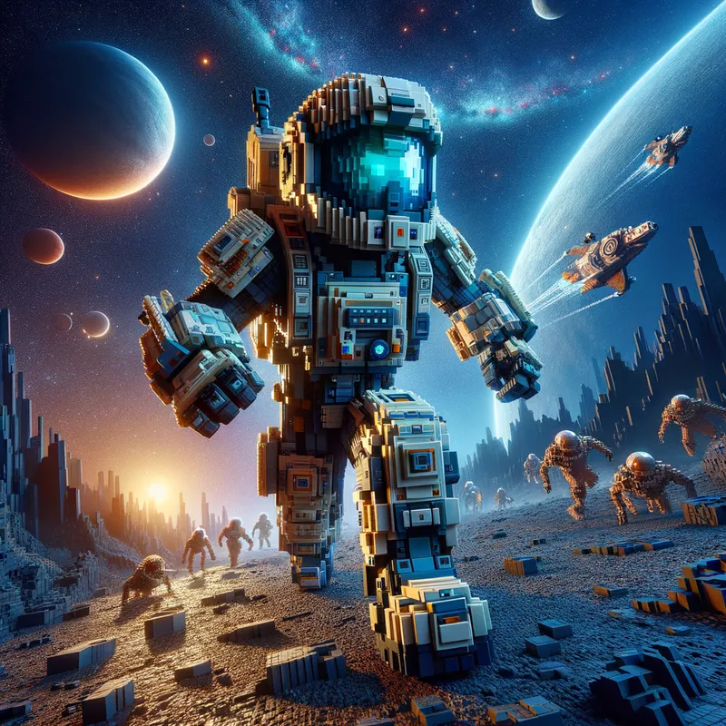 Roblox Galactic Hero - A heroic Roblox character with futuristic armor, battling aliens on a rocky moon with planets and stars visible in the dark sky. - AI image generated with Art