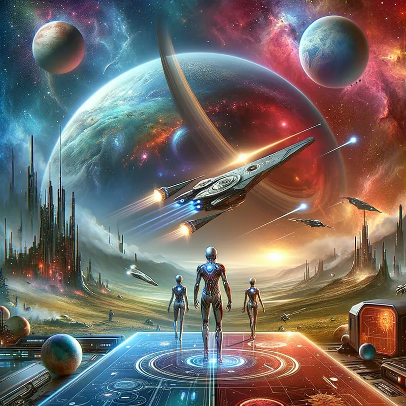 Roblox Galaxy - A futuristic high-quality cover featuring Roblox avatars exploring a vast, mysterious galaxy. Starships, alien worlds, and advanced technology set a breathtaking scene full of exploration and discovery, with vibrant nebulae and distant stars in the background. - AI image generated with Art