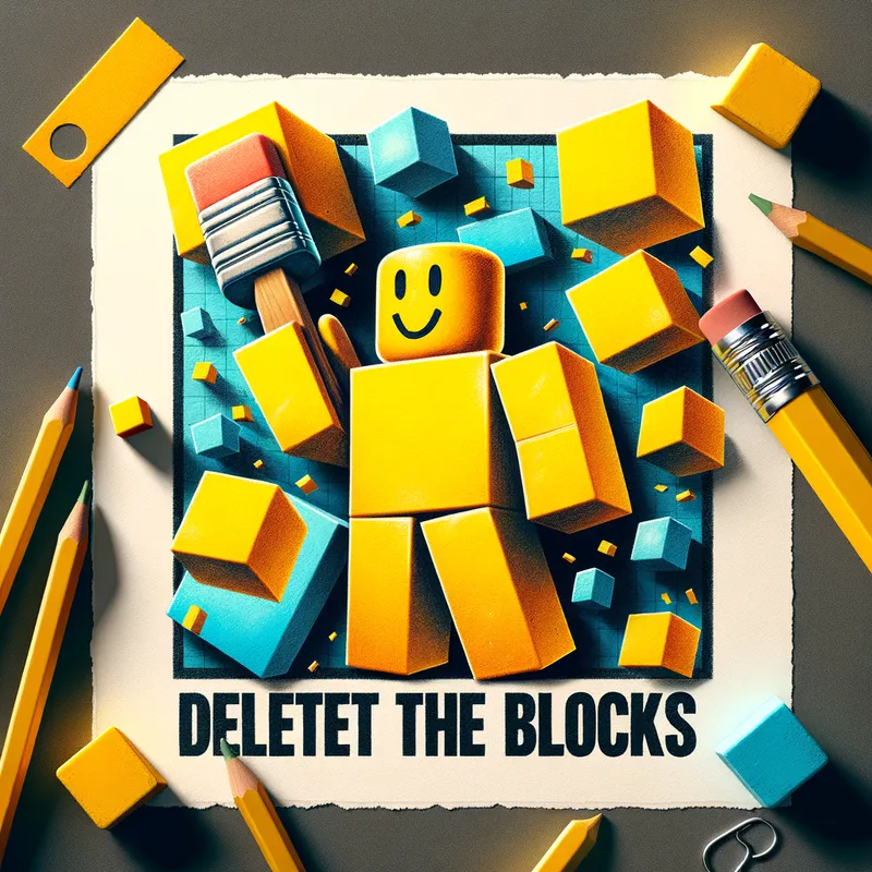 Roblox_Noob_Erasing_Thumb_Painting - An artistic Roblox thumbnail represented as a paper painting. It features a noob character with an eraser removing blocks. The text 'Delete the Blocks' is unmistakable, and no humans are shown in the image. - AI image generated with Art