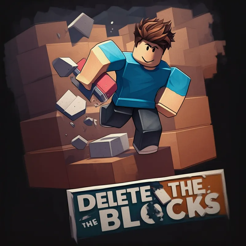 Roblox_Noob_Erasing_Thumb_Painting - An artistic Roblox thumbnail represented as a paper painting. It features a noob character with an eraser removing blocks. The text 'Delete the Blocks' is unmistakable, and no humans are shown in the image. - AI image generated with Imagen 3