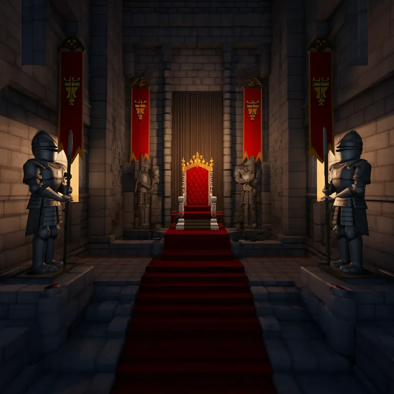 Roblox Obby - Medieval Castle - Build a medieval-themed Roblox obby within a grand castle. Include features like drawbridges, knight statues, dungeon traps, arrow shooting walls, and a grand throne room where the final challenge awaits. - AI image generated with Imagen 3