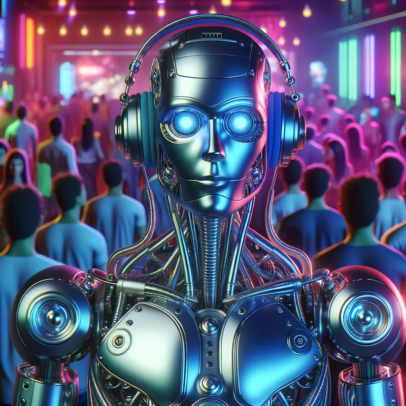 Robot DJ - A futuristic robot with sleek, shiny metal components, donning high-tech headphones. The background is a neon-lit club with vibrant colors and a lively crowd. - AI image generated with Art