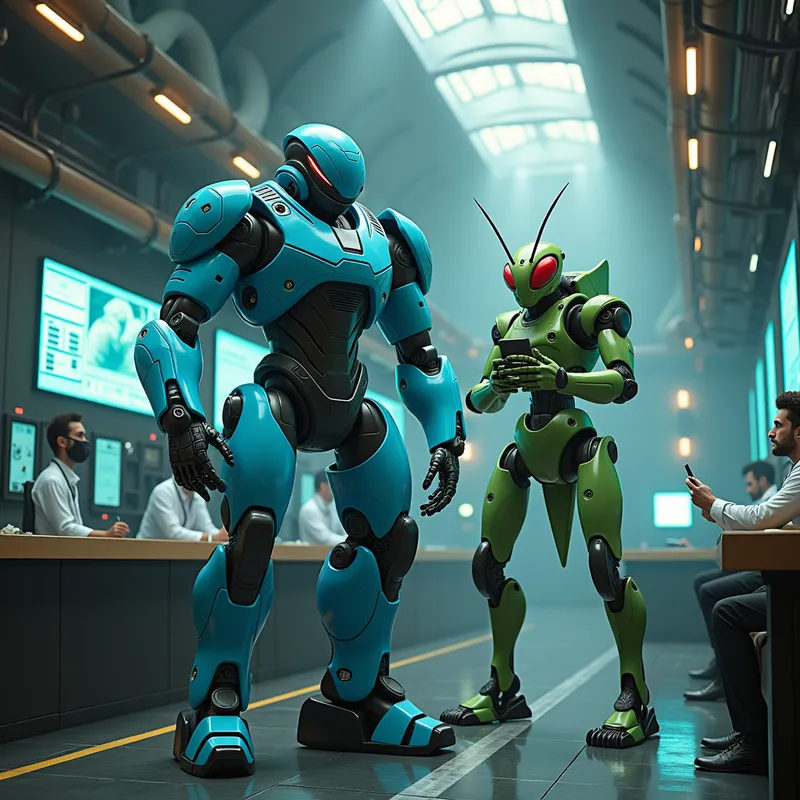 Robots in Power Facility - A detailed 3D rendering of two humanoid robots inside a futuristic power station control room. The first robot, characterized by smooth light blue armor and a fierce styled mouth, stands central. Next to it is a mantis-inspired green robot with segmented limbs and sharp, angular lenses, exuding a predatory air. The environment is dark and advanced, with glowing monitors, cables, and blue-green lit reactors. Engineers and scientists watch from behind reinforced glass, devices in hand, amidst a backdrop of rising steam and sparking machinery, enhancing the scene's tension and mystery. - AI image generated with Photorealistic 2