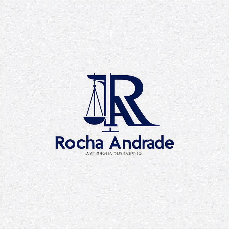 Rocha Andrade Law Firm Logo - A modern and professional logo for the law firm Rocha Andrade. The design should be sleek, with clean lines and a sophisticated color palette such as dark blue and silver. It should incorporate a subtle scale of justice or a stylized letter 'R' and 'A' to signify both the initials and the legal profession. The overall look should convey trust, authority, and reliability.